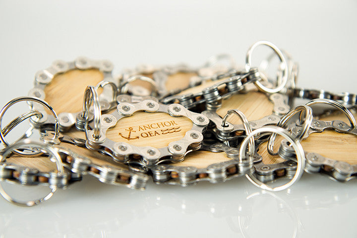Custom keychains made in USA from recycled bike chain & bamboo ...