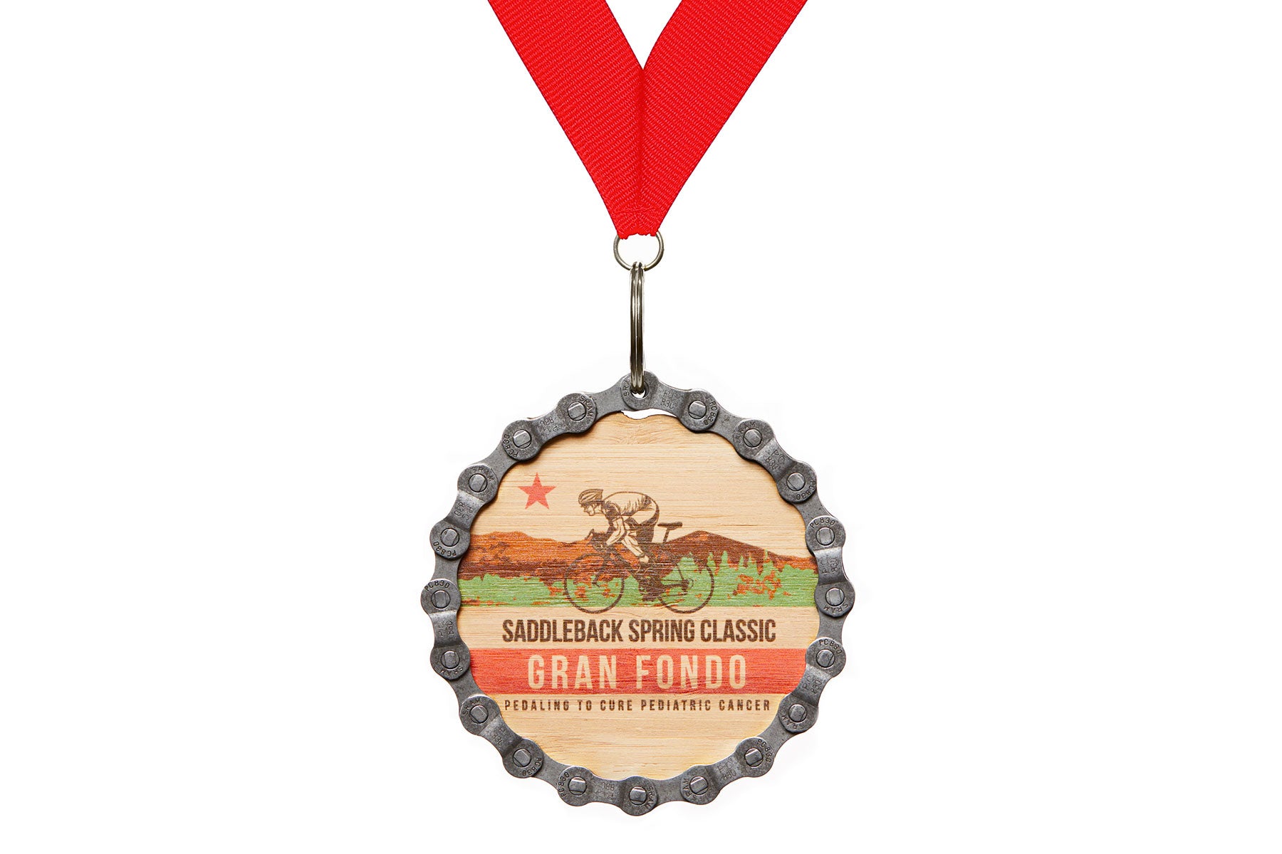Full color printed bamboo medal with wood grain showing